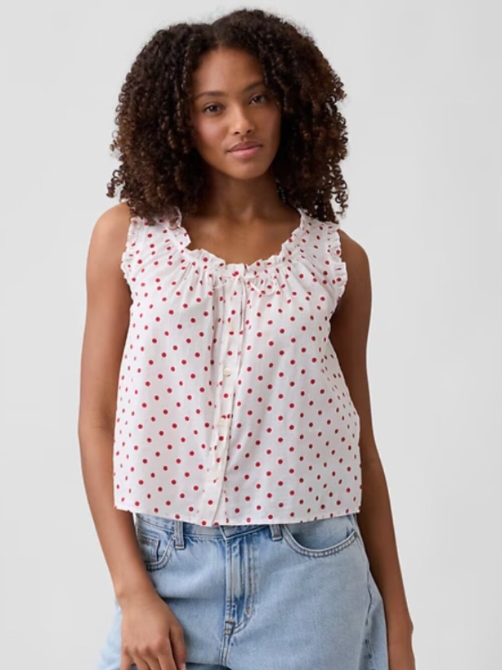 GAP Relaxed Sleeveless Tie-Neck Top Tank Red White Polka Dot Small NWT
